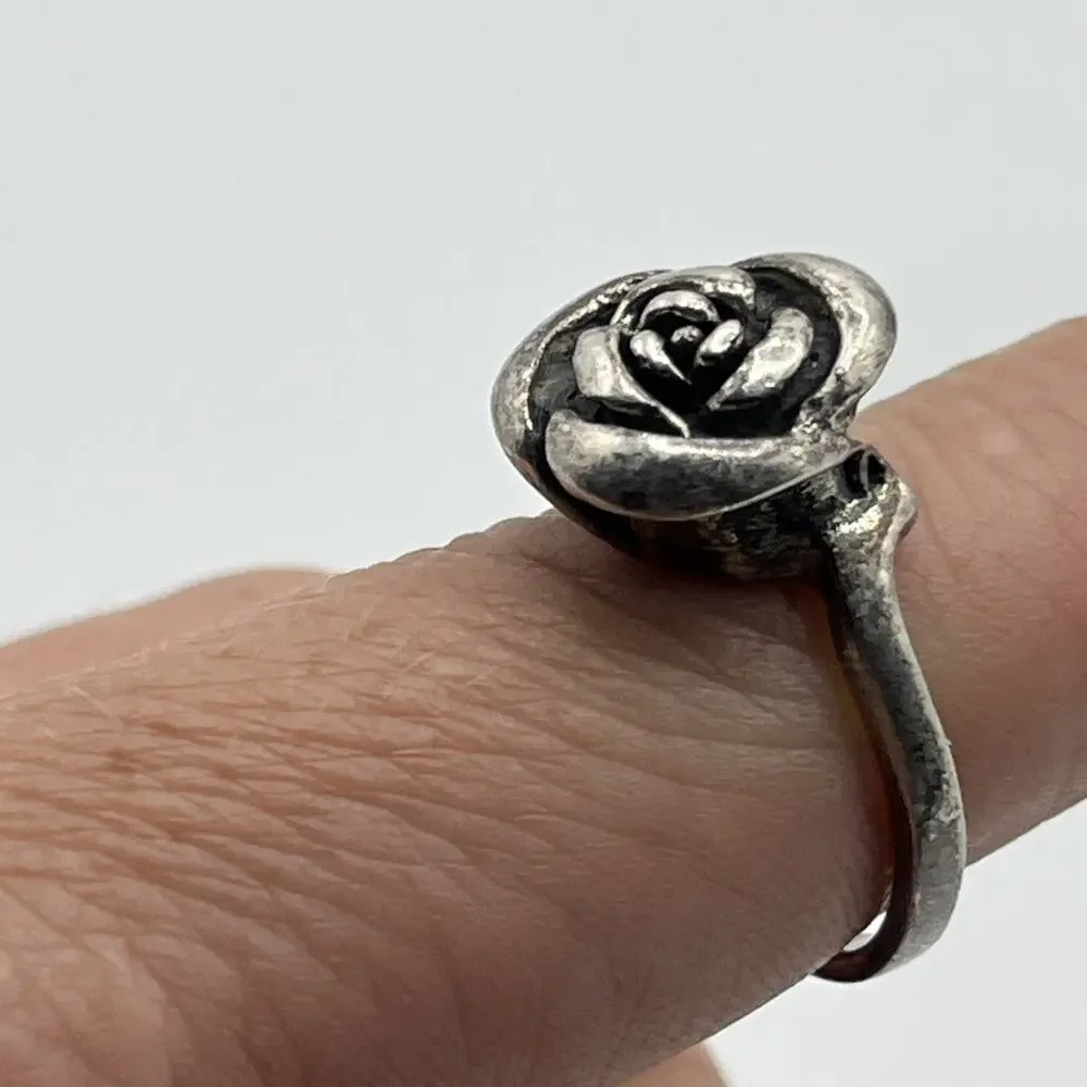 Oxidized Silver 925 Rose Flower Ring Handcrafted Sterling Silver Rose Ring Vntg